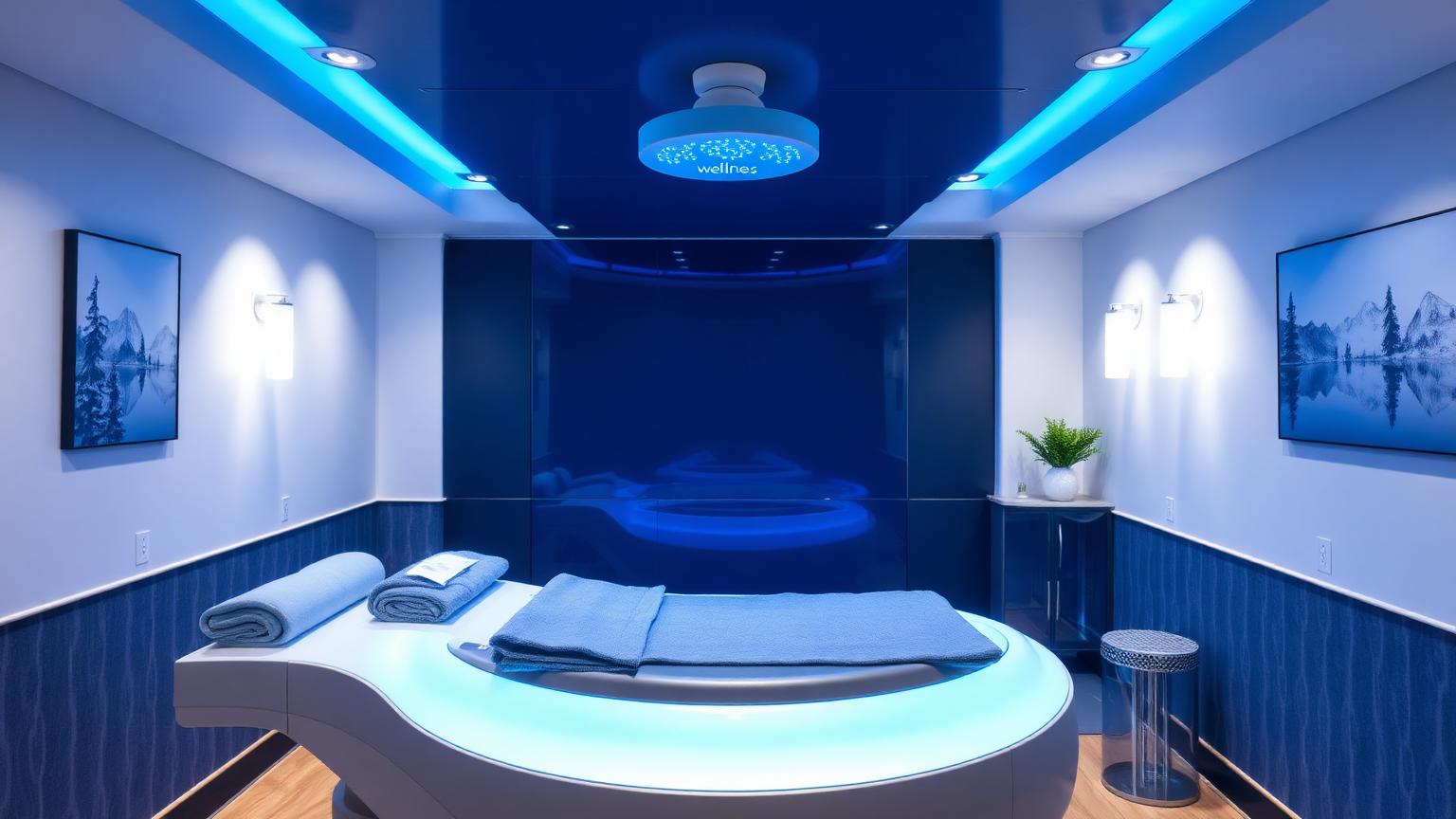 Modern hyperbaric oxygen therapy room with calming blue lighting at HBOT Denver in Centennial Colorado