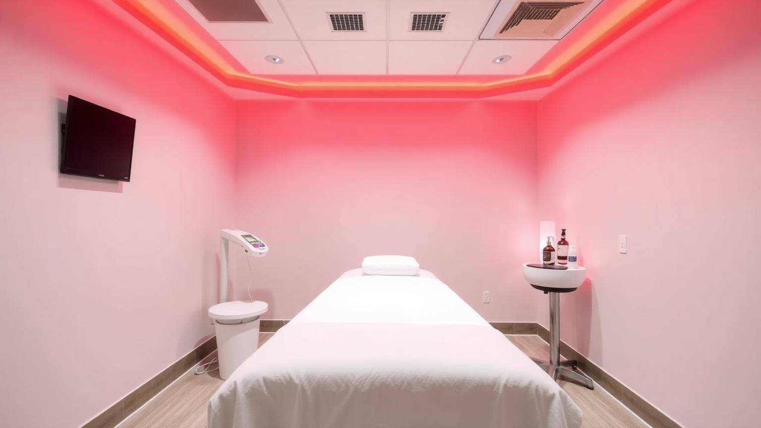 Red light therapy room glowing with warm red LED light at a Centennial Colorado wellness clinic